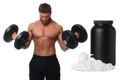 Image of Bodybuilding. Man with muscular torso holding dumbbells on white background. Protein powder in jar and measuring cup
