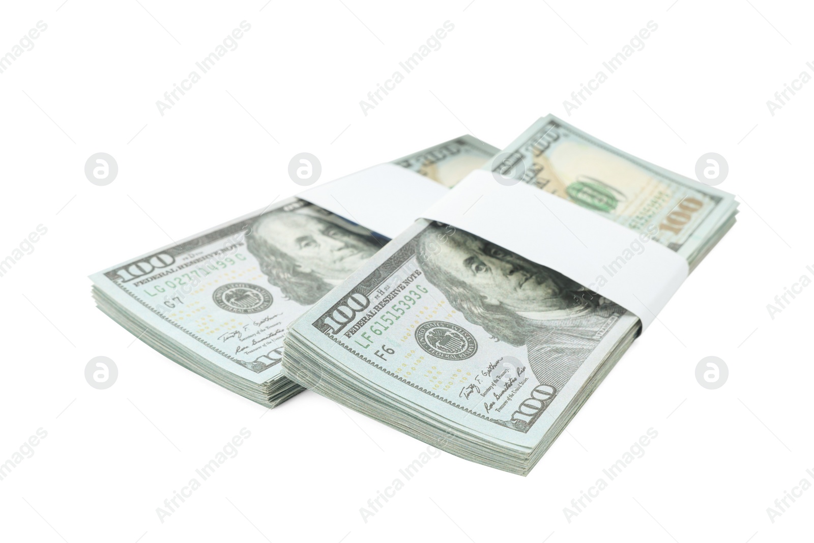 Photo of Bundles of dollar banknotes isolated on white. American national currency