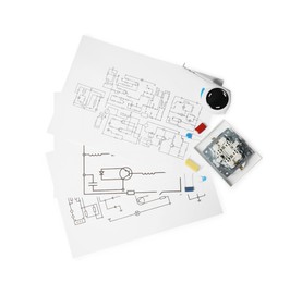 Photo of Wiring diagrams, tape measure and disassembled light switch isolated on white, top view