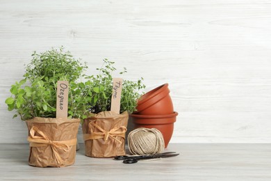 Different aromatic potted herbs, scissors, pots and woolen yarn on table against white wooden background. Space for text