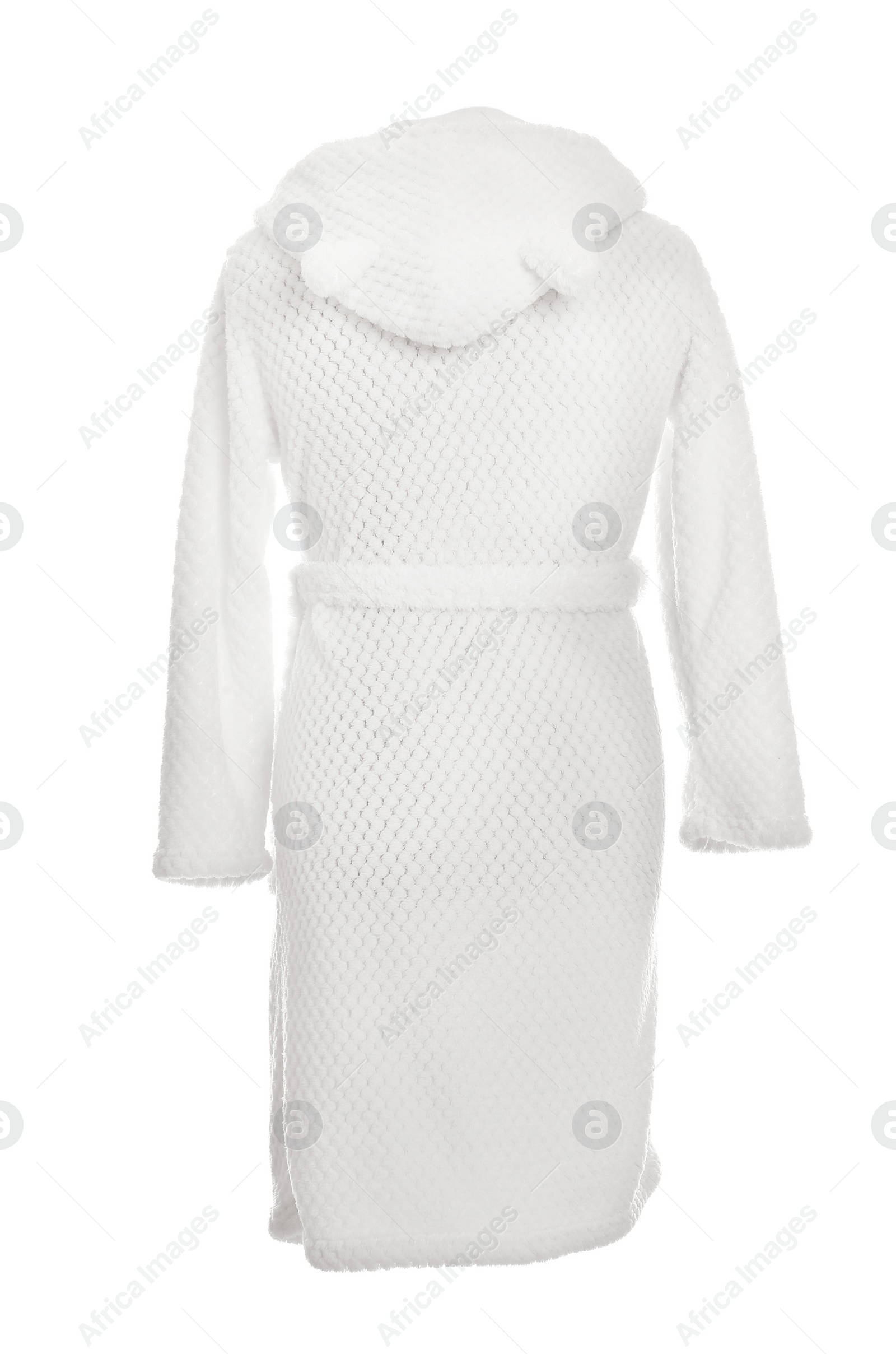 Photo of Soft comfortable bathrobe on mannequin against white background