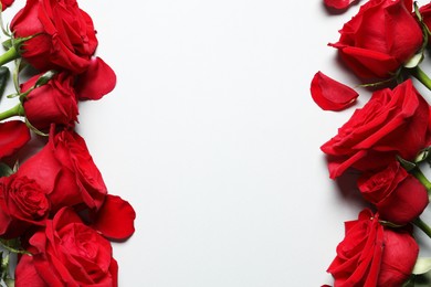 Photo of Beautiful red roses and petals on light background, flat lay. Space for text