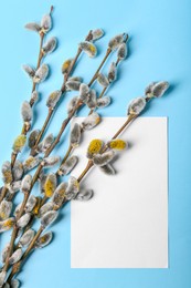 Photo of Beautiful blooming willow branches and blank paper card on light blue background, flat lay. Space for text