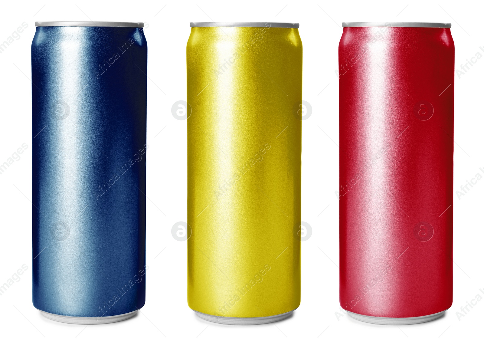 Image of Set with aluminium drink cans in different colors on white background