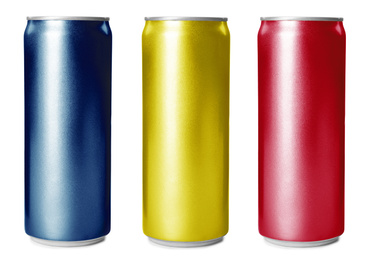 Image of Set with aluminium drink cans in different colors on white background