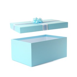 Light blue gift box and lid with bow on white background