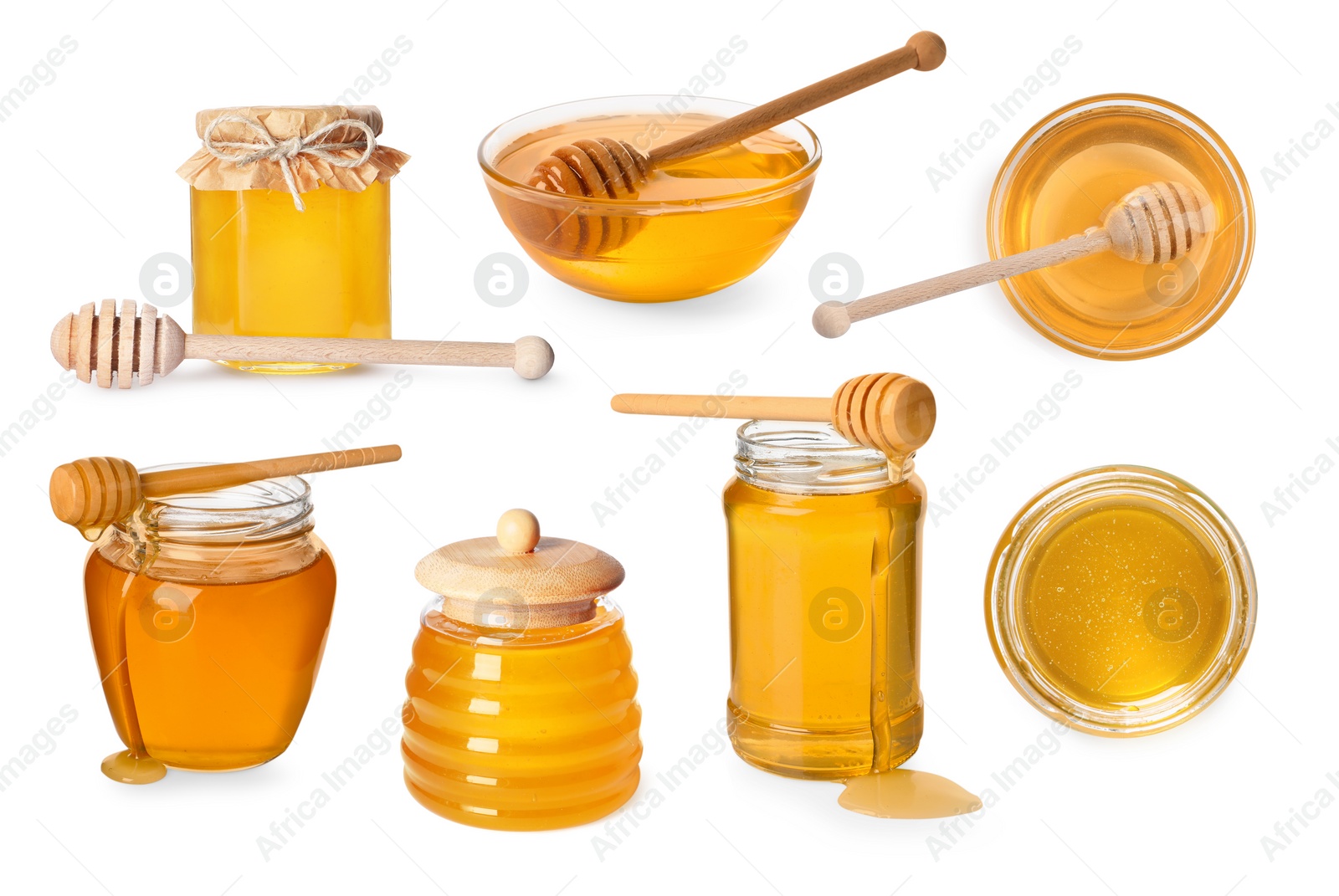 Image of Natural honey, glass jars and dippers isolated on white, set