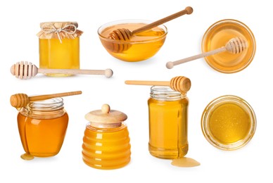 Natural honey, glass jars and dippers isolated on white, set