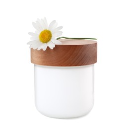 Photo of Jar of hand cream and chamomile on white background