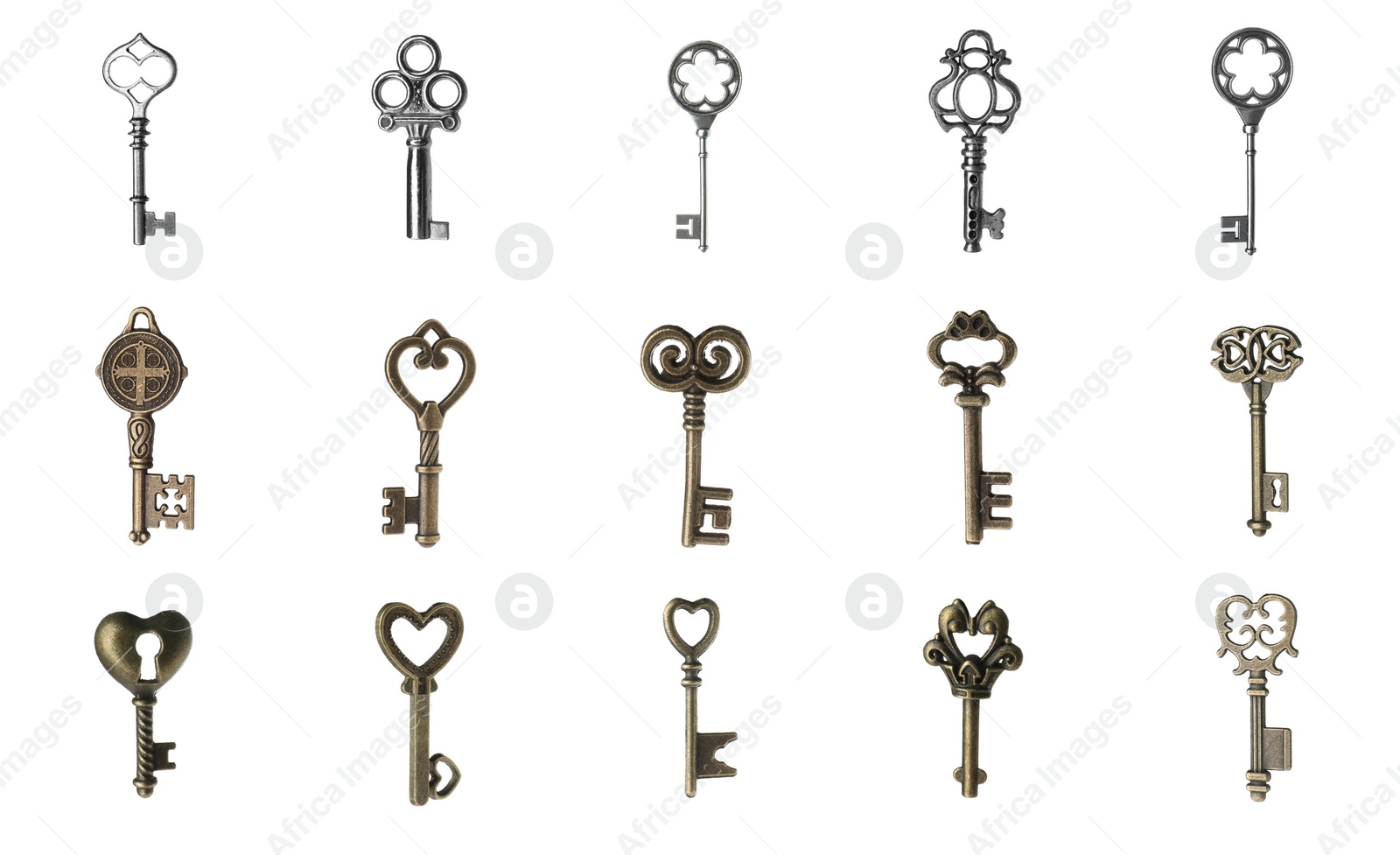 Image of Set of different ornate keys on white background