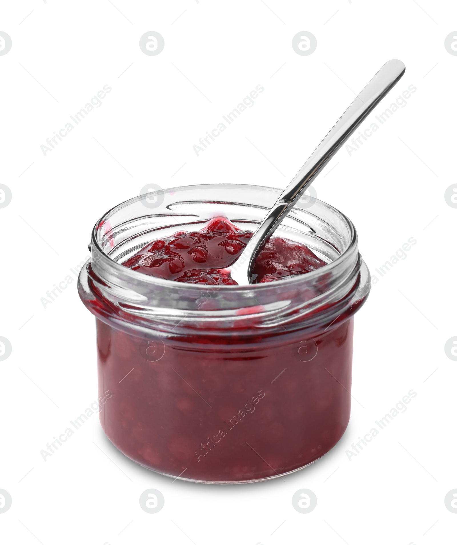 Photo of Fresh cranberry sauce in glass jar and spoon isolated on white