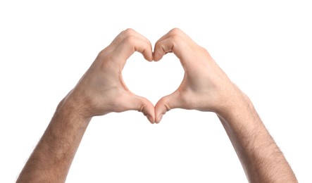 Photo of Man making heart with hands on white background, closeup
