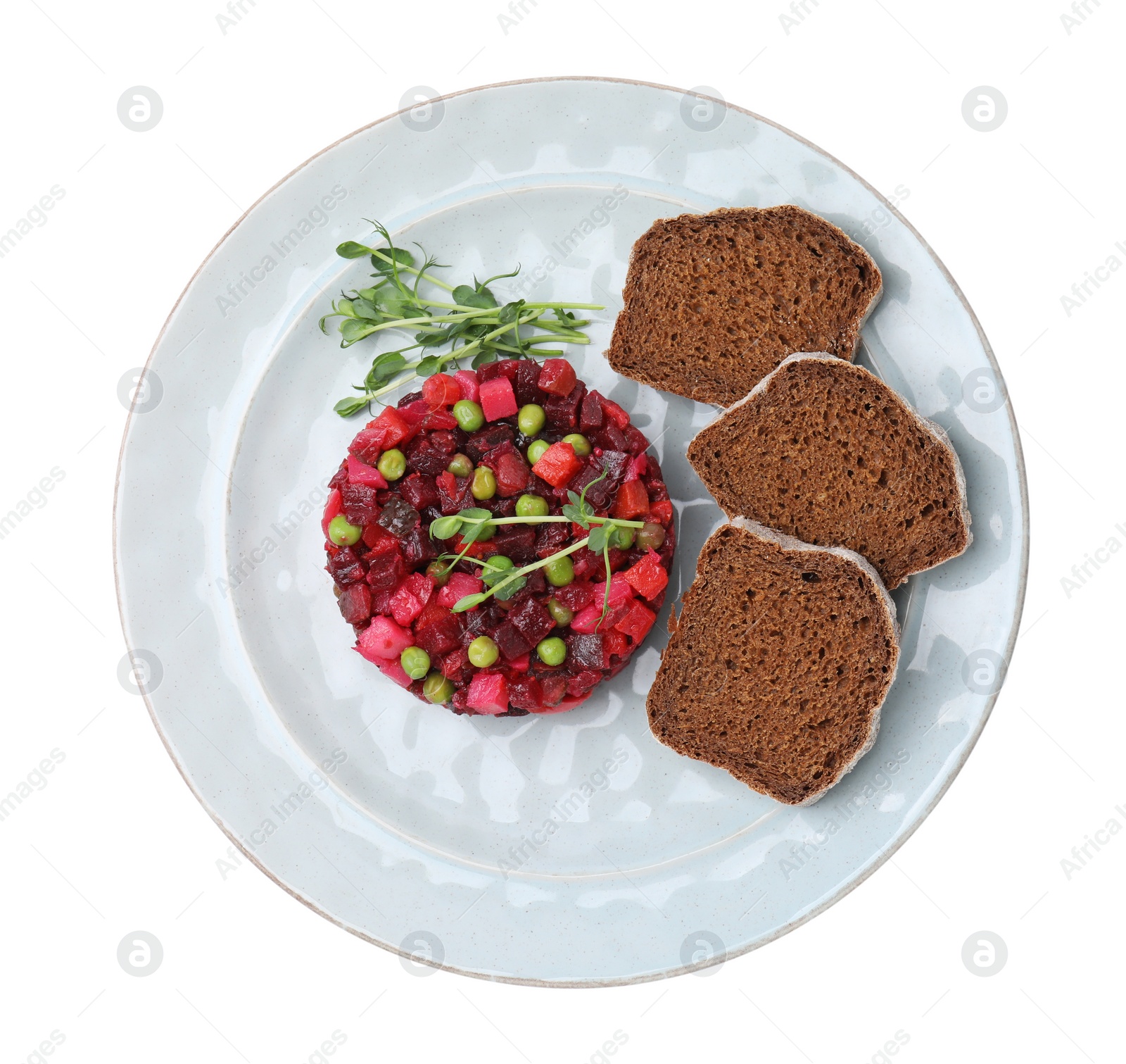 Photo of Delicious vinaigrette salad with slices of bread isolated on white, top view