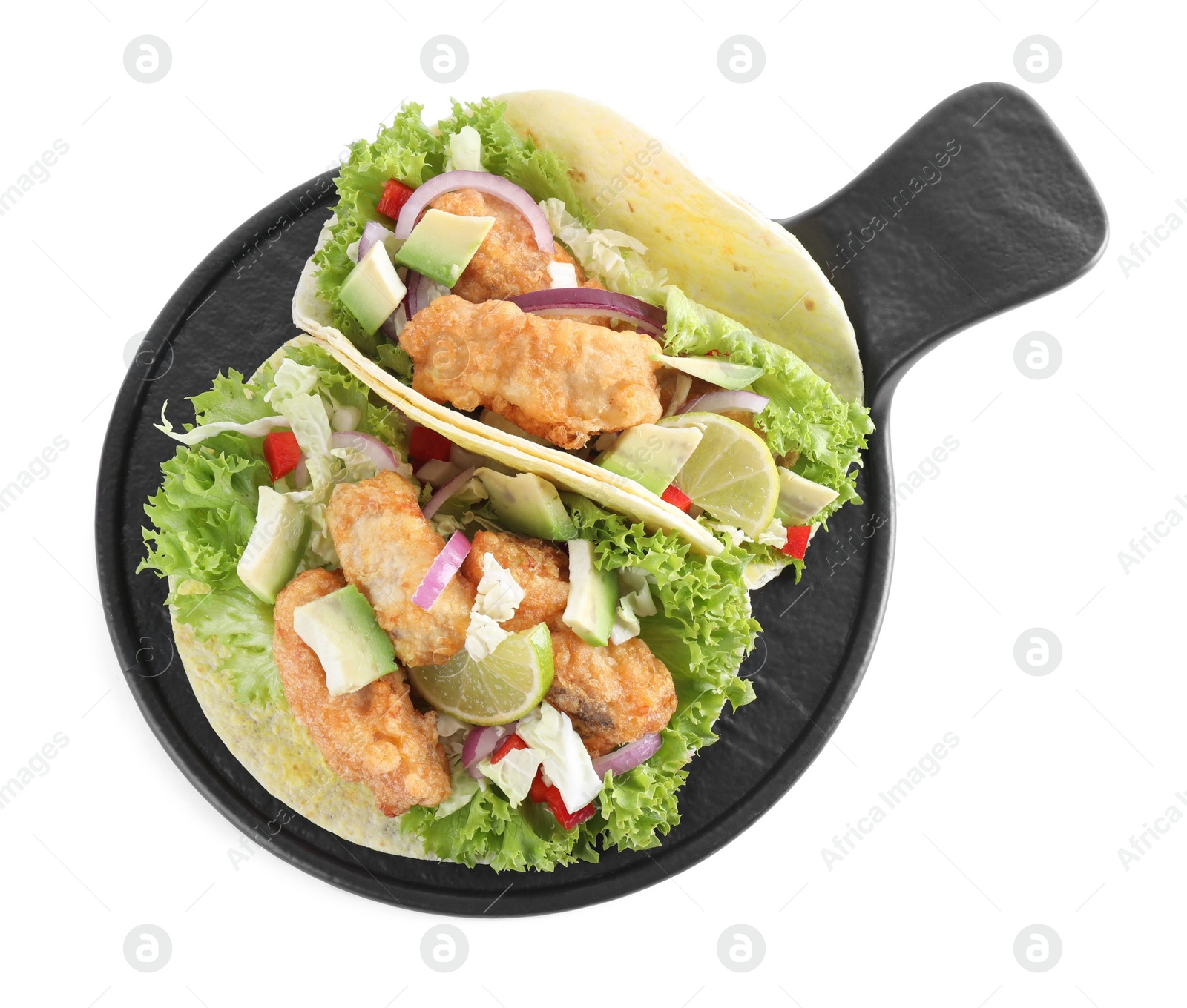 Photo of Delicious fish tacos isolated on white, top view