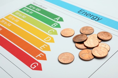 Photo of Pile of coins on energy efficiency rating chart, closeup