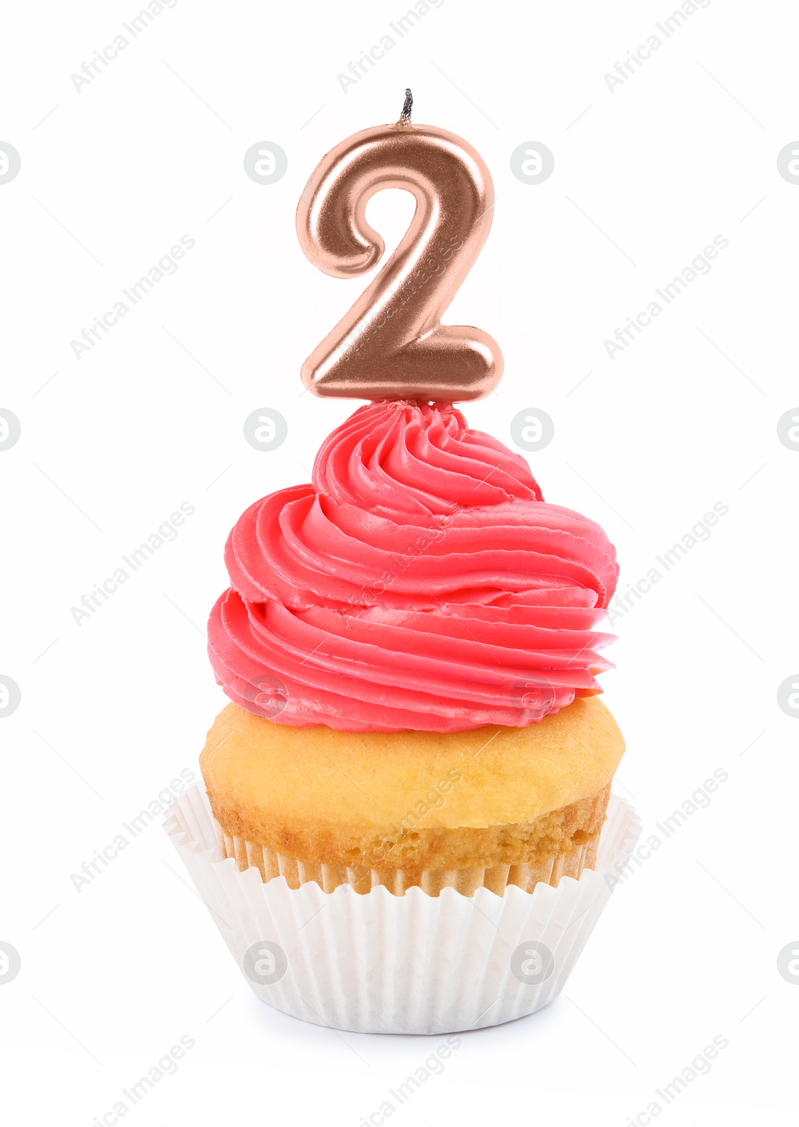 Photo of Birthday cupcake with number two candle on white background
