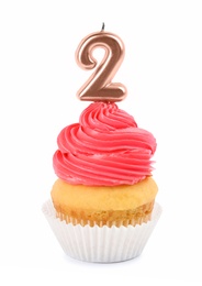 Birthday cupcake with number two candle on white background