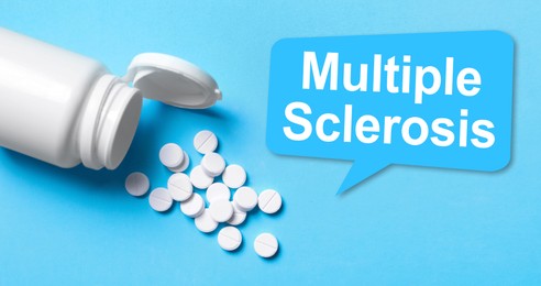 Image of Multiple sclerosis treatment. Pills and bottle on light blue background, above view