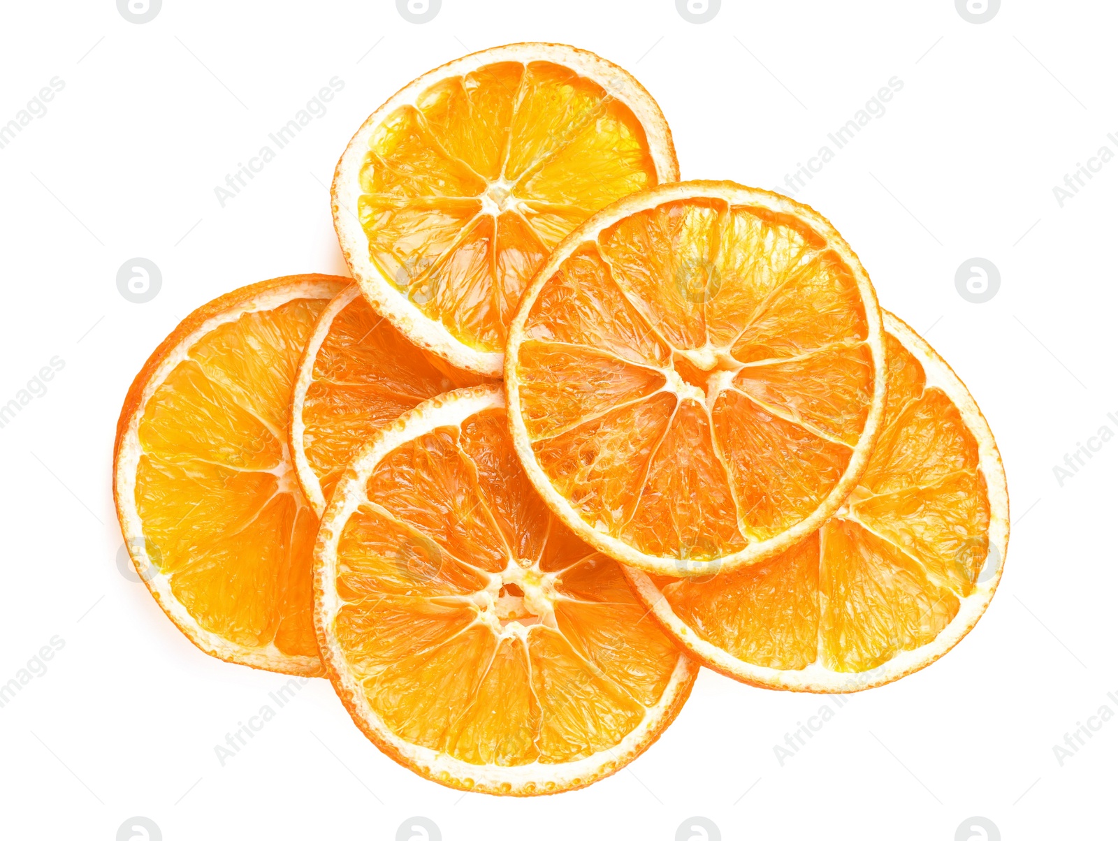 Delicious dry orange slices on white background, top view Photo of Delicious dry orange slices on white background, top view