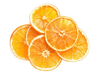 Photo of Delicious dry orange slices on white background, top view