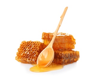 Photo of Composition with fresh honeycombs on white background