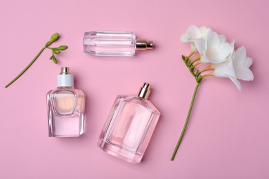 Photo of Bottles of perfume and flower on color background, top view