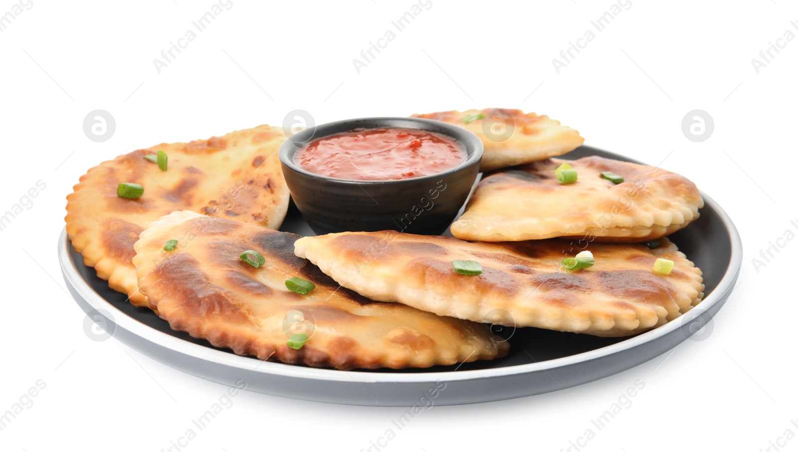 Photo of Delicious fried chebureki with ketchup isolated on white