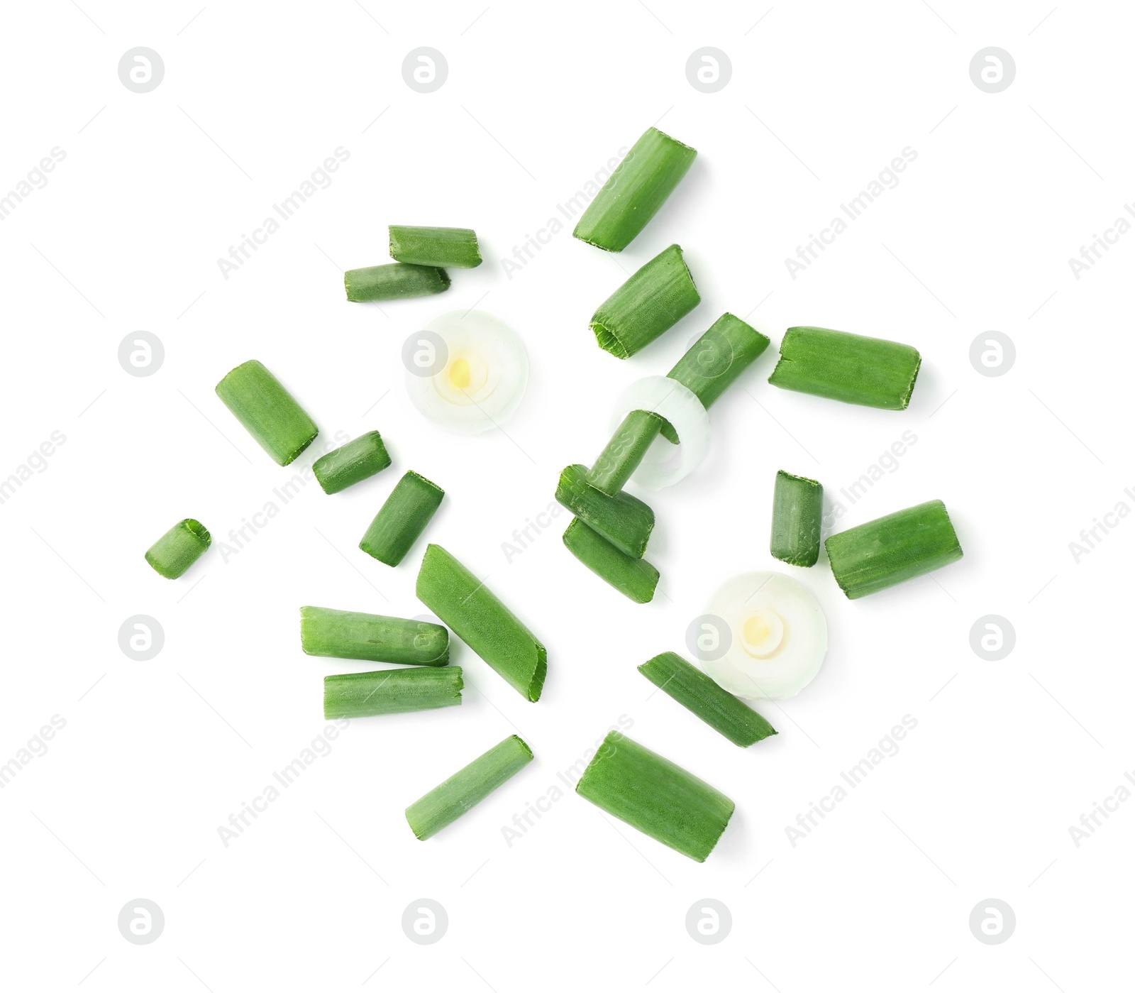 Photo of Cut green spring onion isolated on white, top view