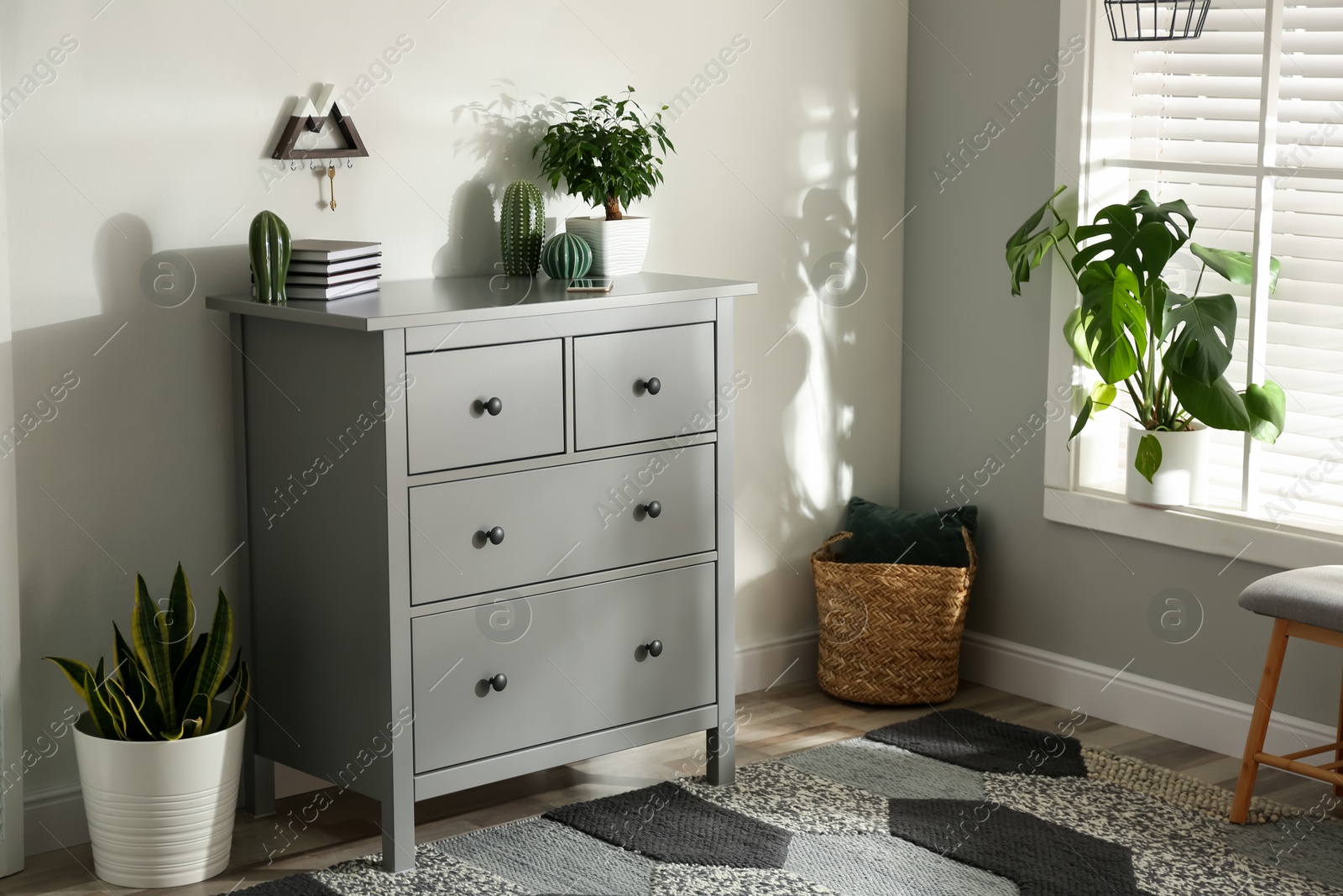 Photo of Grey chest of drawers in stylish room interior