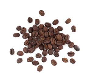 Photo of Roasted coffee beans on white background, top view