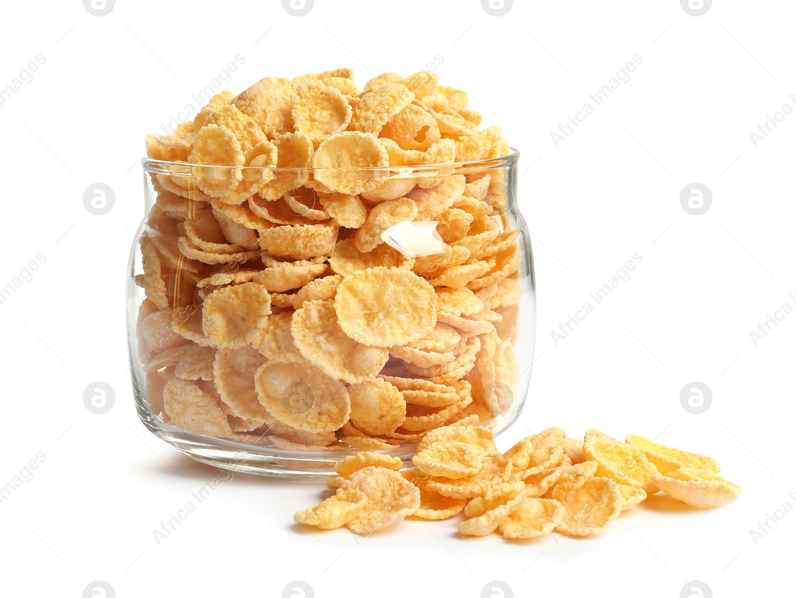 Photo of Jar with crispy cornflakes on white background