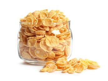 Photo of Jar with crispy cornflakes on white background