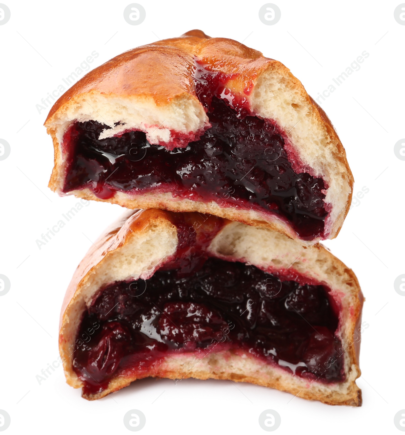 Photo of Delicious baked patty with cherry on white background