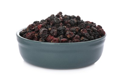 Photo of Bowl of tasty dried currants on white background