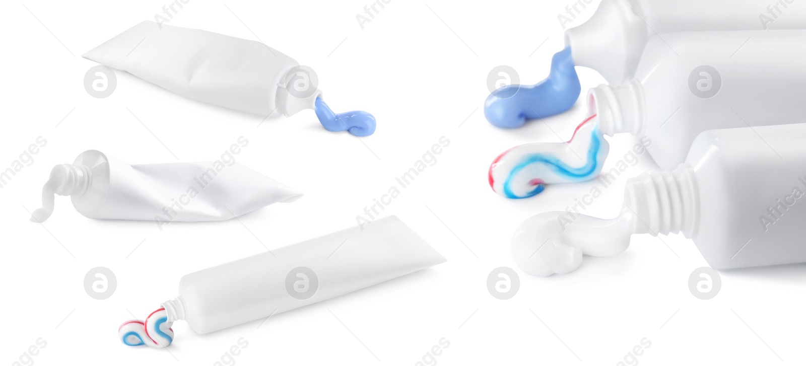 Image of Collage with different toothpastes on white background. Banner design