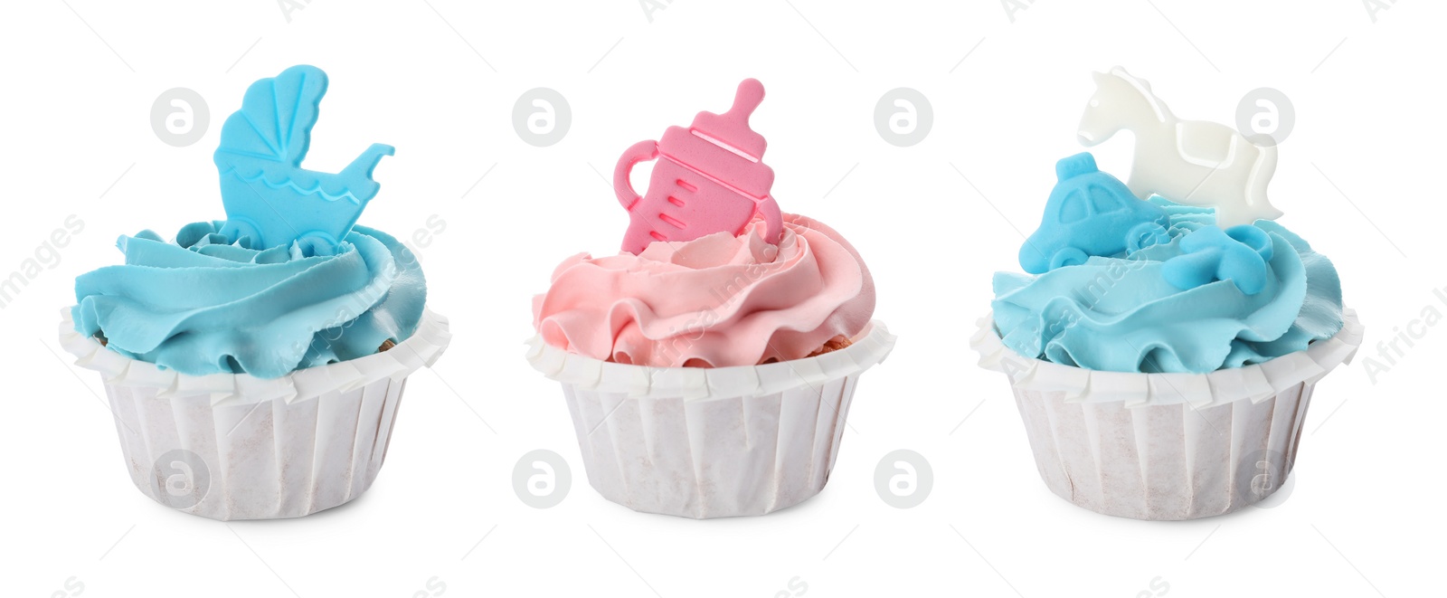 Image of Set of decorated baby shower cupcakes with blue and pink cream on white background. Banner design