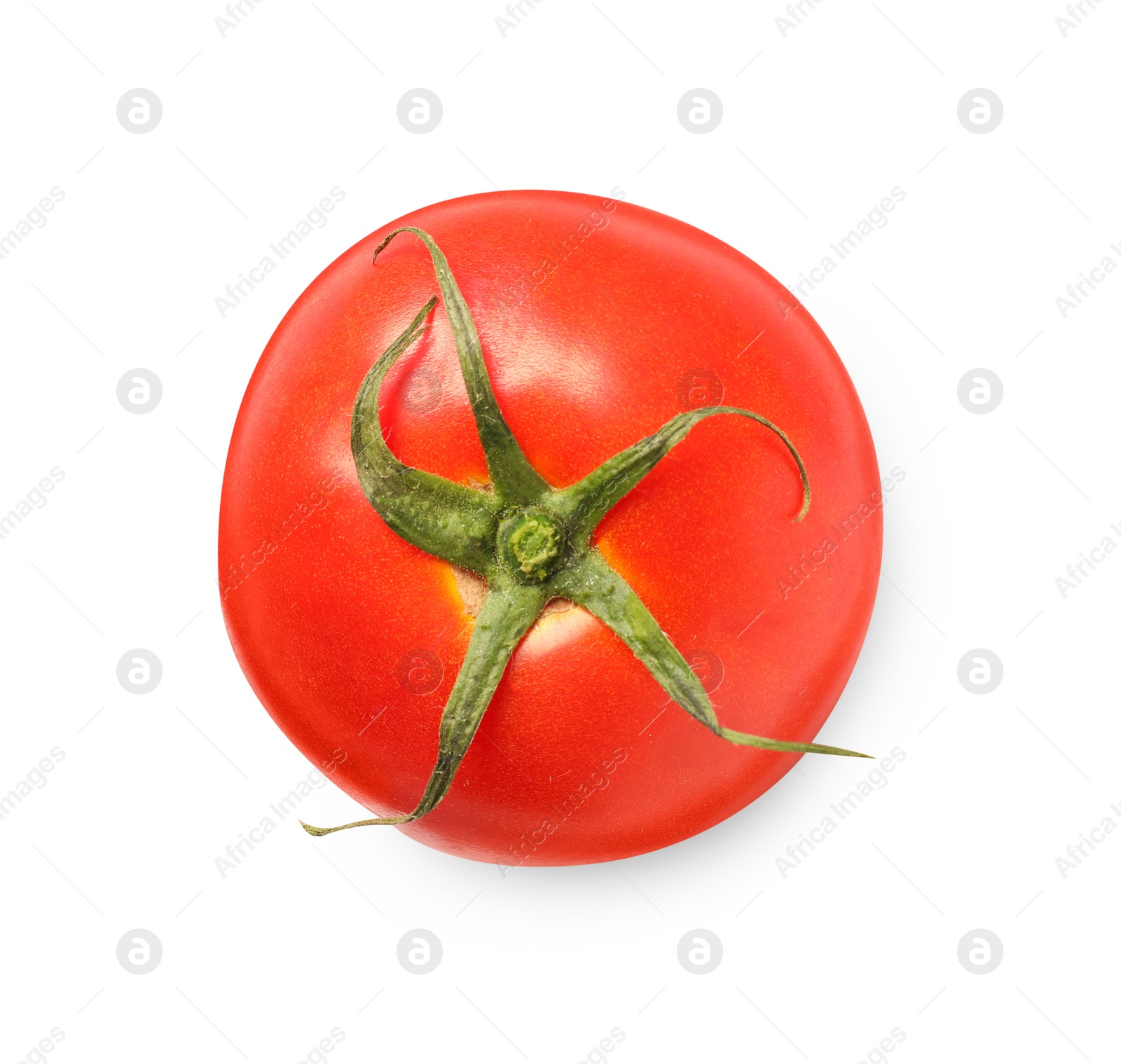 Photo of Fresh ripe tomato isolated on white, top view