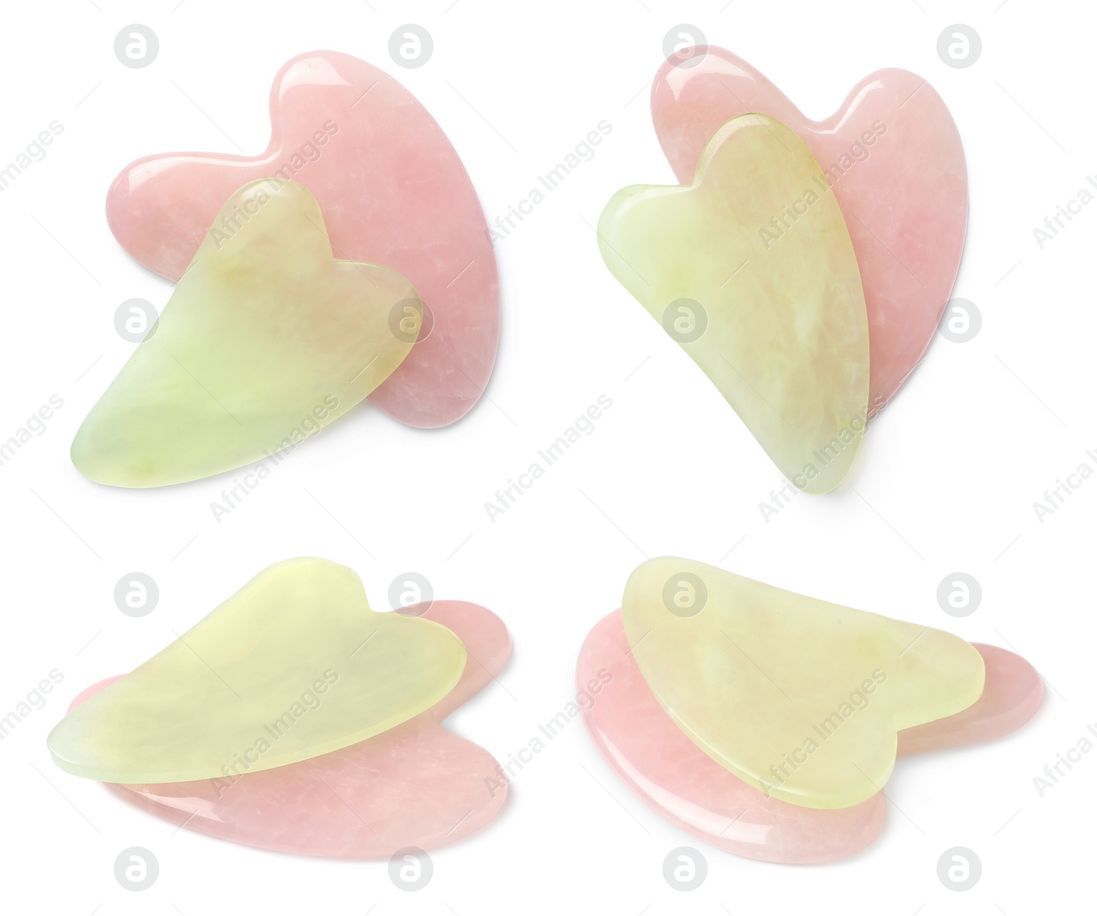 Image of Jade and rose quartz gua sha tools on white background, collage