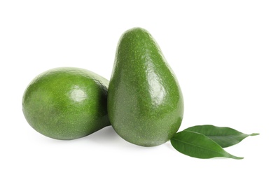 Ripe fresh avocados on white background