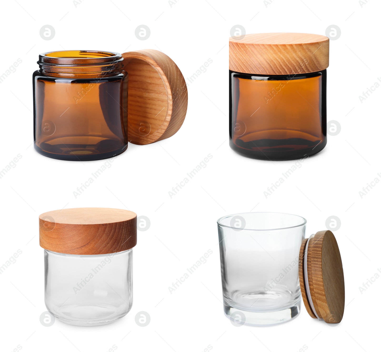 Image of Collage of glass jars with wooden lids isolated on white