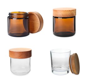 Image of Collage of glass jars with wooden lids isolated on white