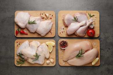 Photo of Flat lay composition with fresh raw chicken meat on grey table
