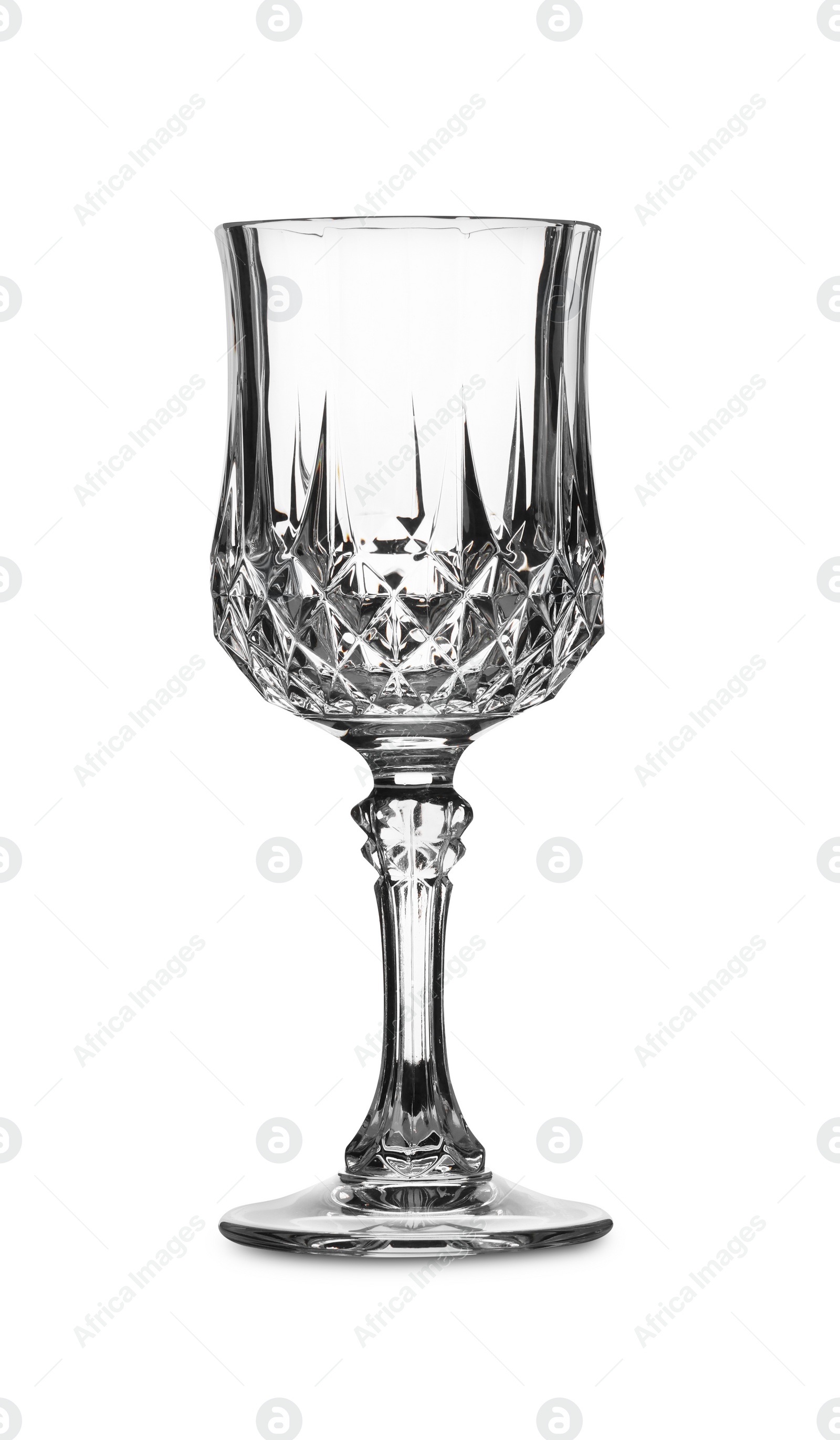 Photo of One stylish clean wine glass isolated on white