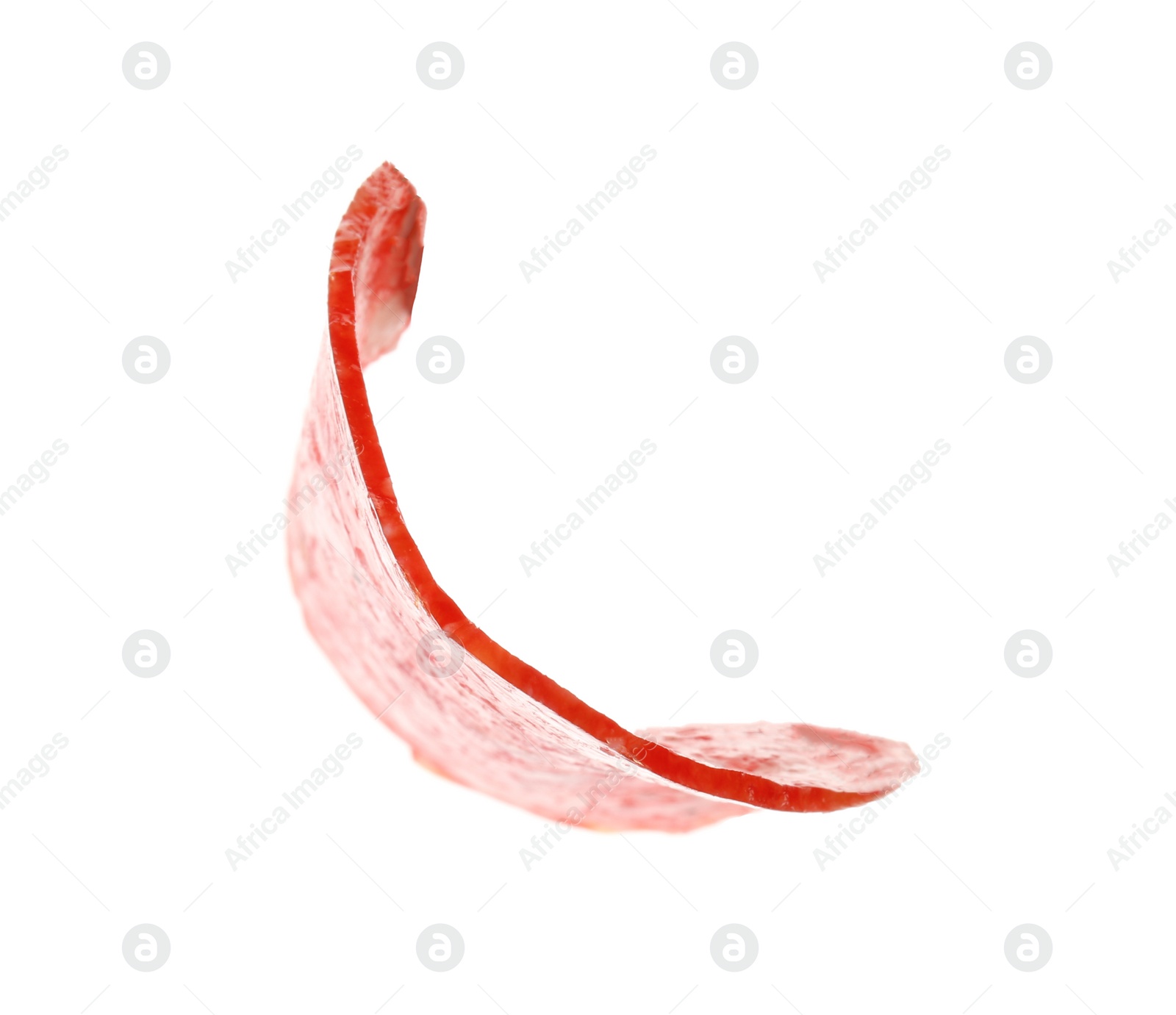 Photo of Slice of tasty salami on white background