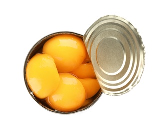 Tin can with conserved peach halves on white background, top view