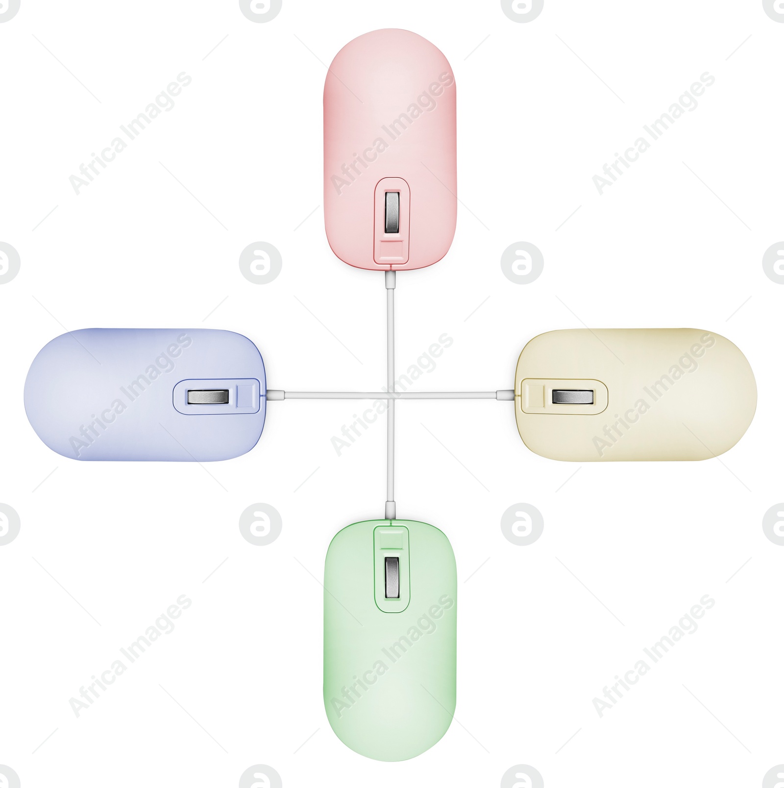 Image of Modern computer mouse on white background, different color variants