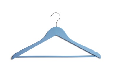 Photo of Empty clothes hanger on white background, top view