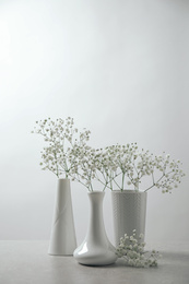 Photo of Gypsophila flowers in vases on table against white background