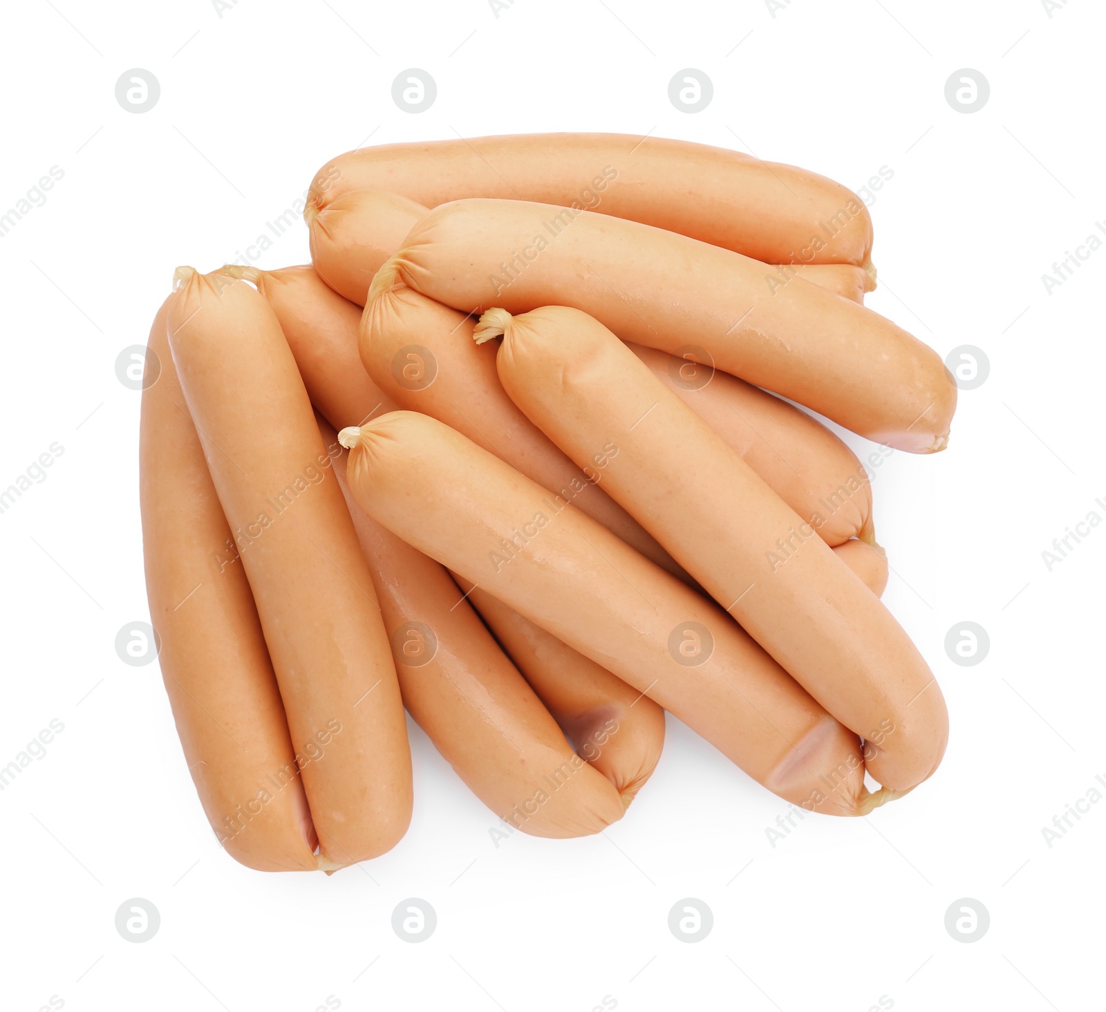 Photo of Many fresh raw sausages isolated on white, top view. Meat product