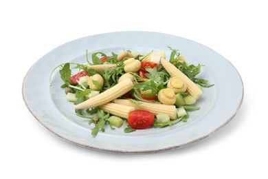 Photo of Tasty baby corn with vegetables, arugula and mushrooms isolated on white